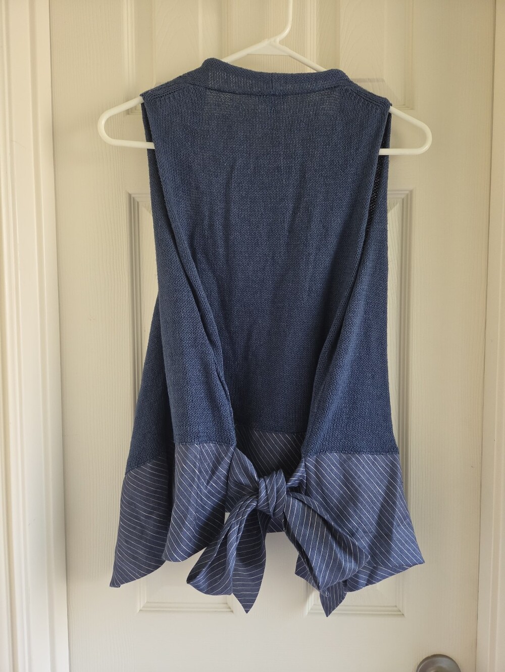 J.Jill Linen Blend Wrap Sweater Vest Small Blue Pinstripe Peplum Tied Waist Open - Picture 10 of 10